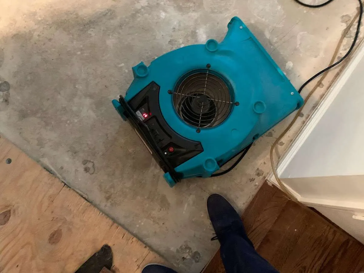 Air mover drying subfloor during Commercial Water Damage Restoration in Brownville